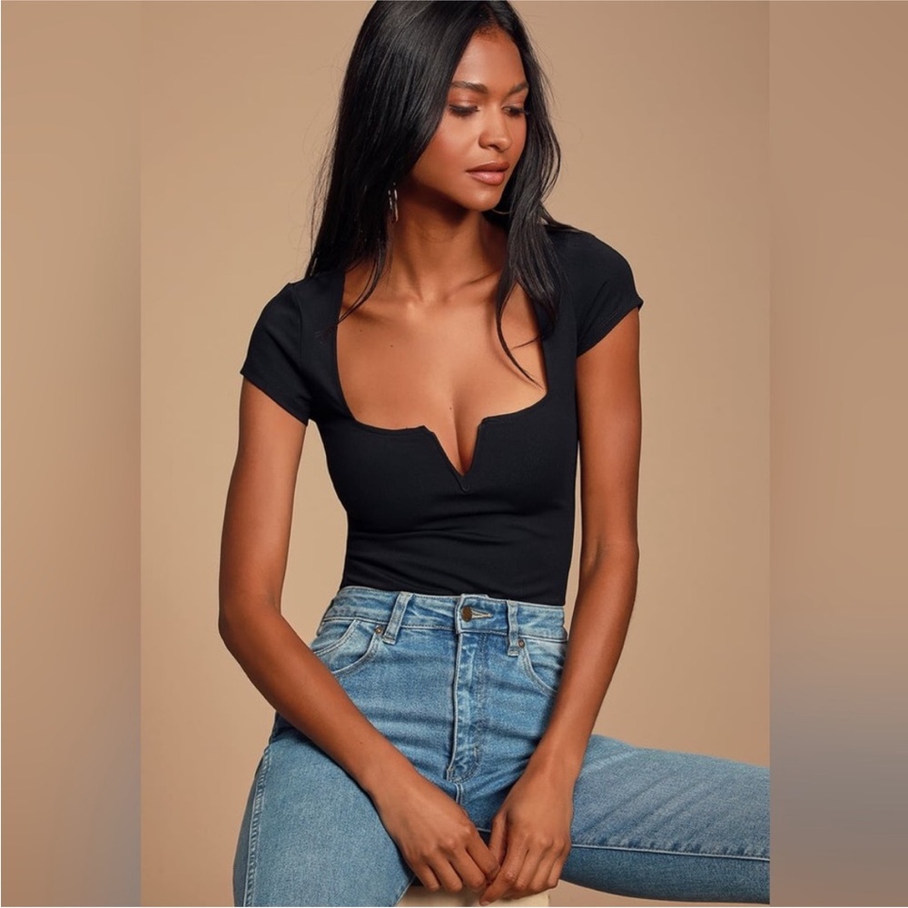 Lulus Mirabelle Black Notched Bodysuit